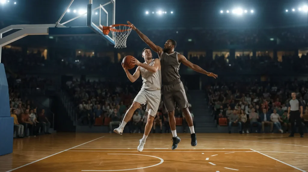 Basketballspieler im Zweikampf unter dem Korb während eines Spiels