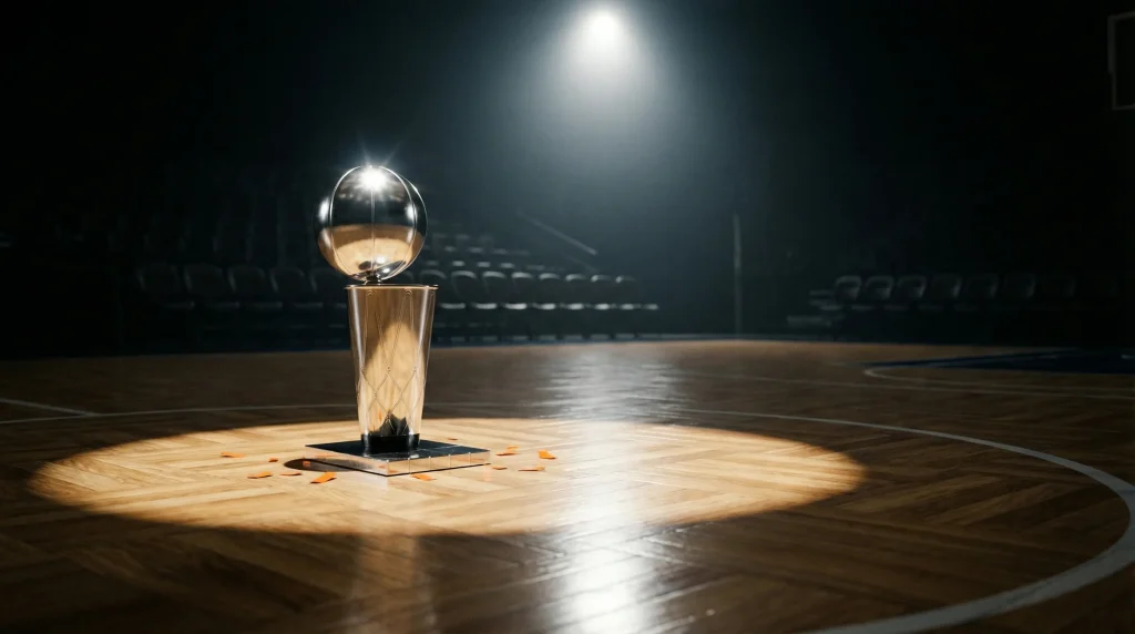 Basketball Langzeitwetten — NBA-Meisterpokal auf einem Parkett mit Saisonlicht