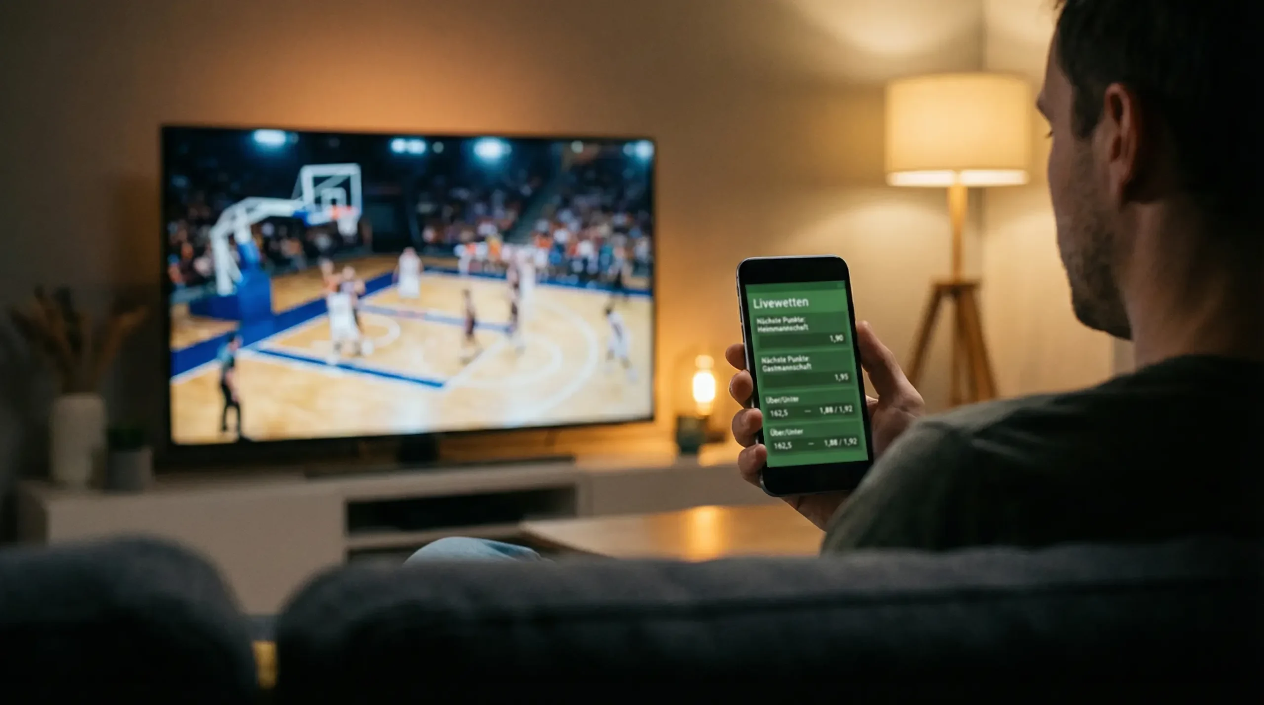 Basketball Livewetten auf dem Smartphone — Live-Spiel im Hintergrund einer Sporthalle