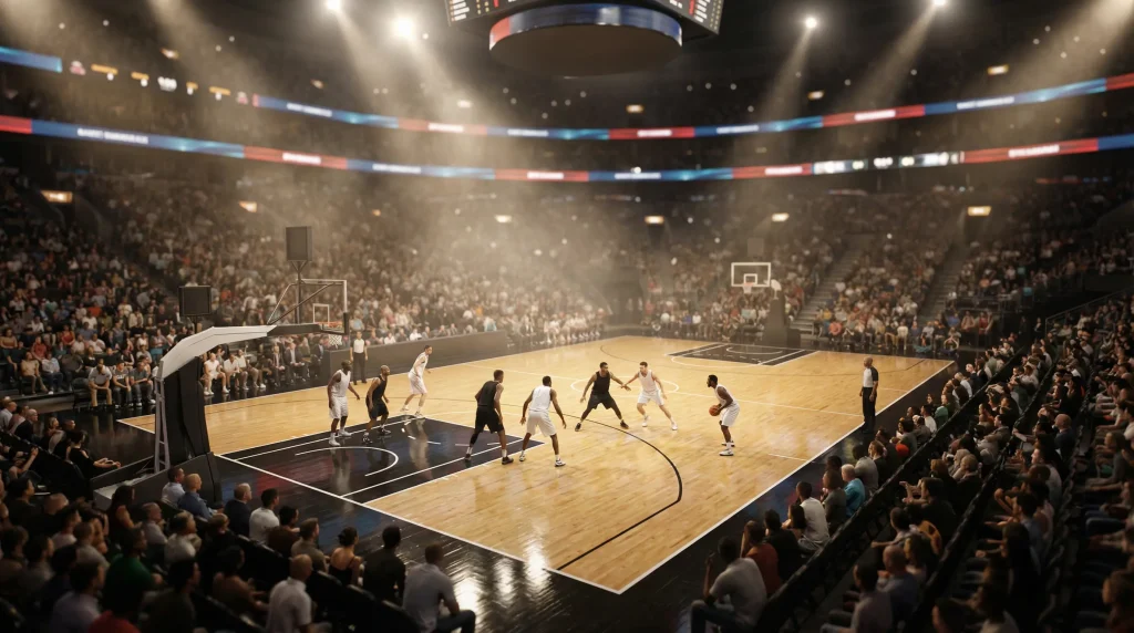 Basketballspiel in einer Arena mit Zuschauern und hellem Flutlicht