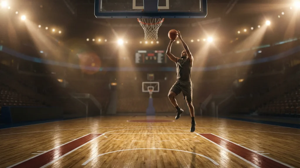Basketballspieler beim Wurf auf den Korb in einer beleuchteten Halle