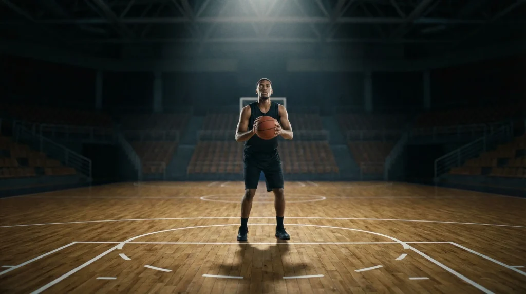 Basketballspieler mit dem Ball konzentriert vor einem Freiwurf