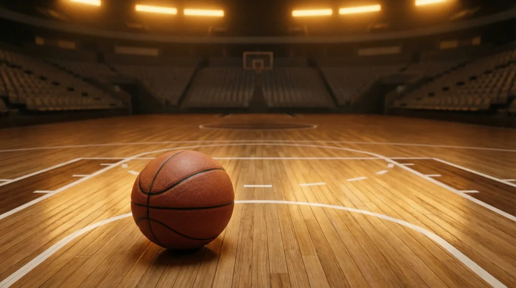 Nahaufnahme eines Basketballs auf dem Hallenboden mit Spielfeldlinien