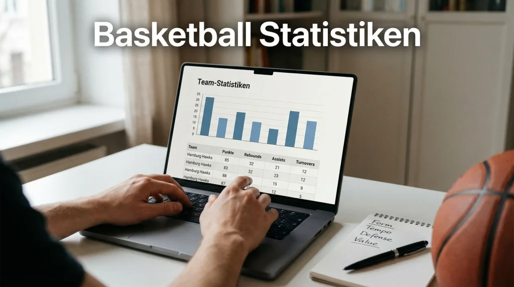 Basketball Statistiken für Wetten — Spieler am Laptop analysiert NBA-Daten