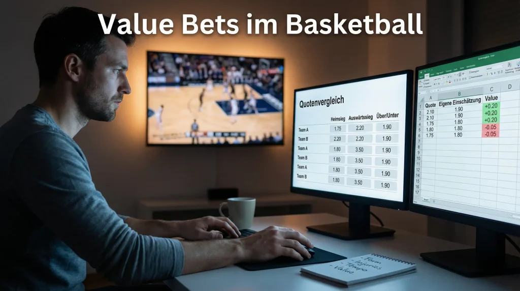 Basketball Value Bets — Person vergleicht Wettquoten auf dem Bildschirm
