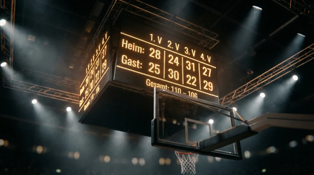 Basketball Viertelwetten — NBA-Anzeigetafel mit Viertelergebnissen in einer Basketballhalle