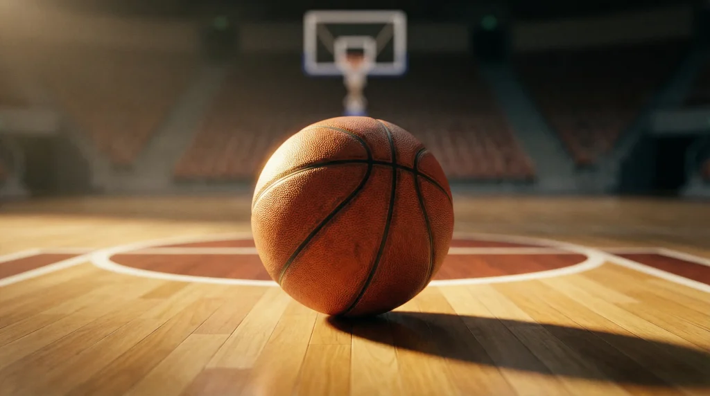 Basketball Wettarten – Nahaufnahme eines Basketballs auf dem Spielfeld