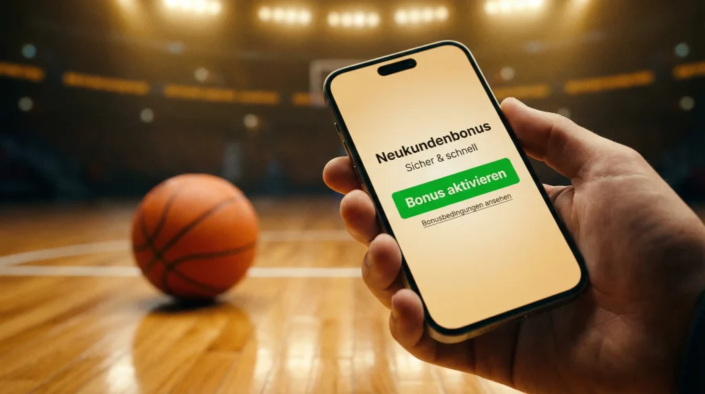 Basketball Wetten Bonus — Smartphone mit Bonusangebot neben einem Basketball