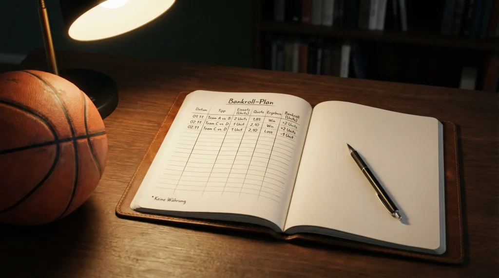 Money Management bei Basketball Wetten — Notizbuch mit Einsatzplanung neben einem Basketball