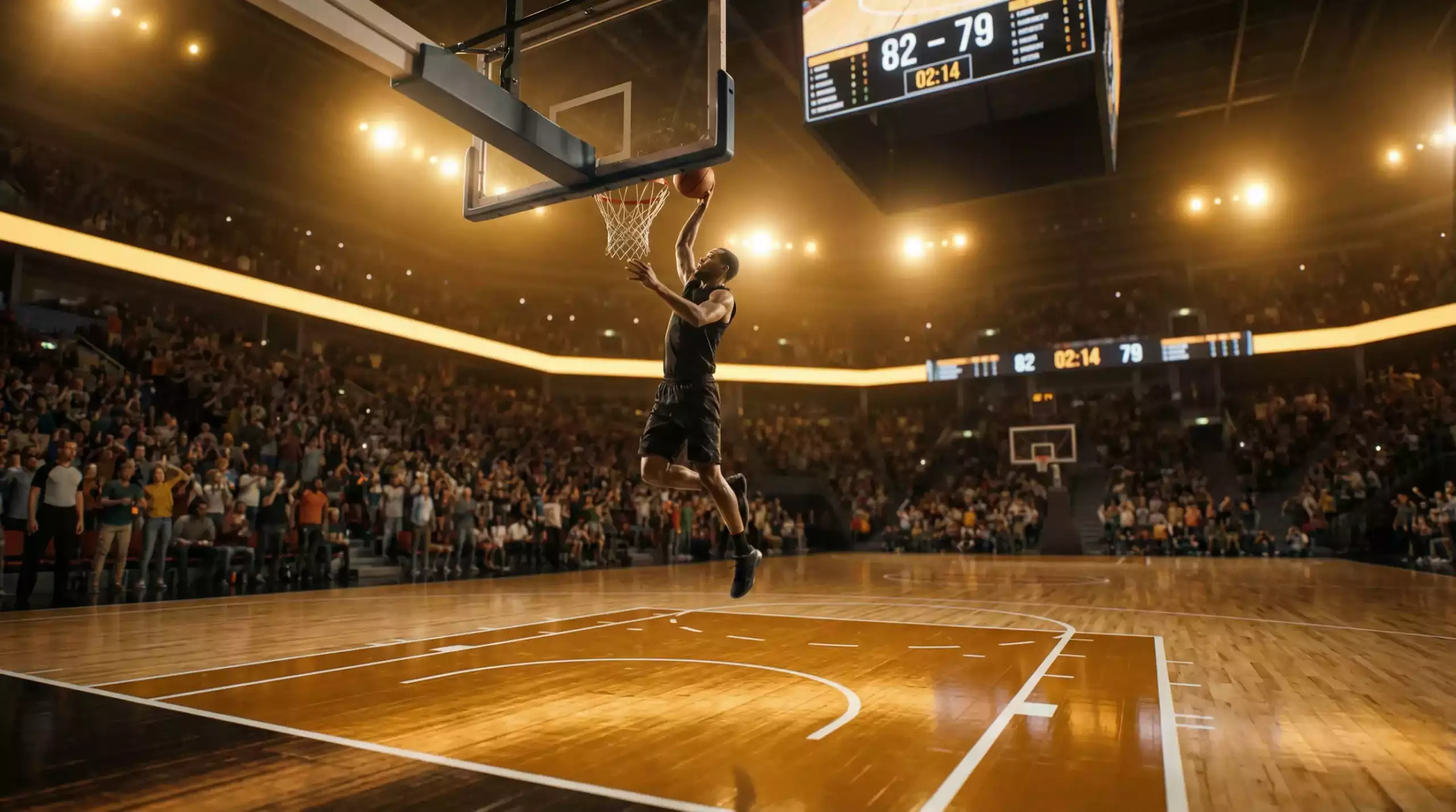Basketball-Spielszene in einer Arena mit Anzeigetafel — Ratgeber für Basketball Wetten
