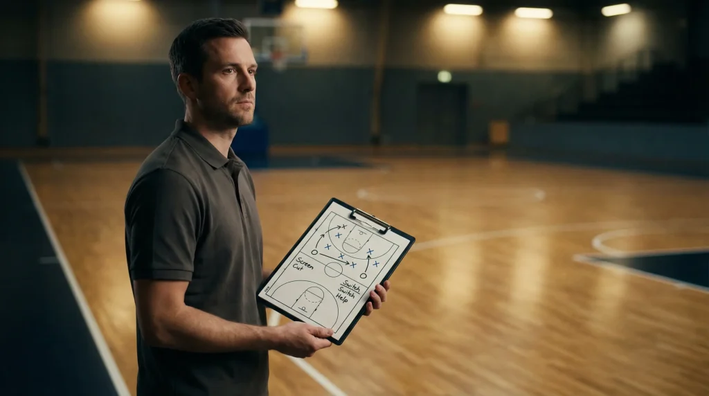 Basketball Wetten Strategie – Spieler analysiert Taktik an einer Seitenlinie