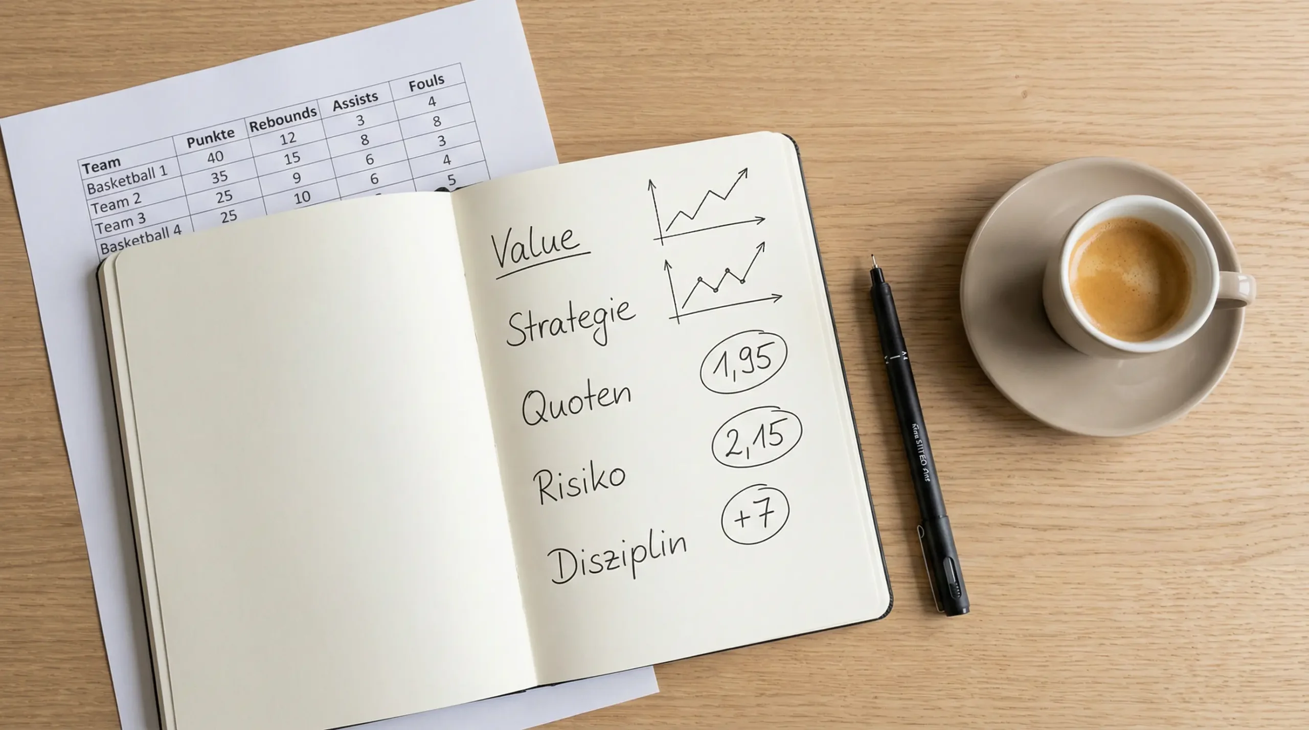 Basketball Wettstrategien — Notizbuch mit Statistik-Auswertung und Stift auf einem Schreibtisch