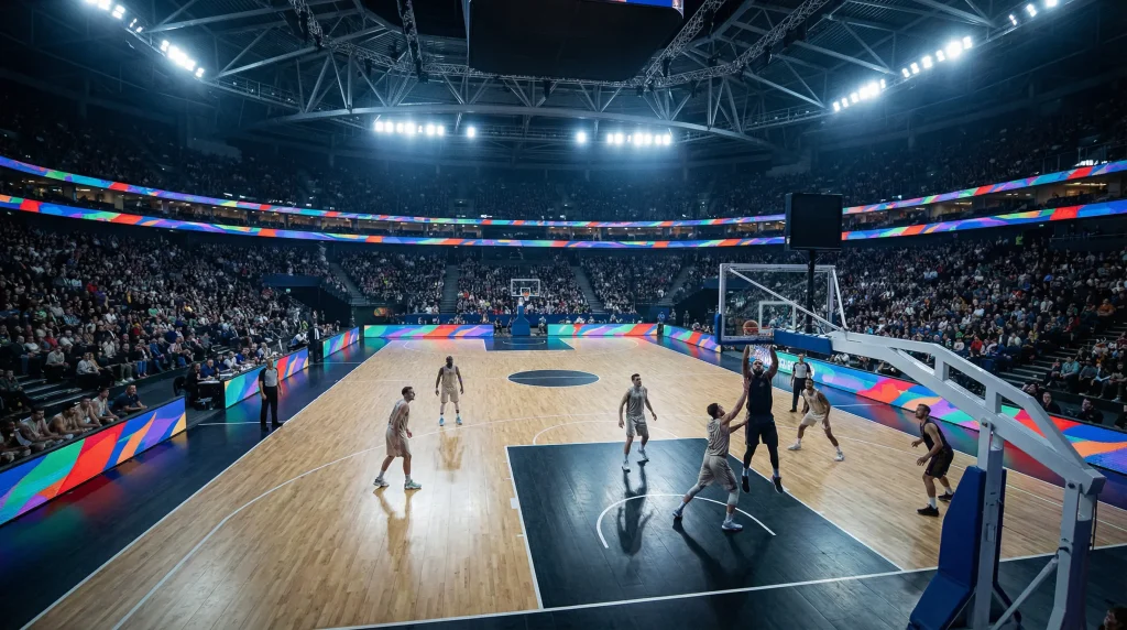 EuroLeague Wetten – Basketballspiel in einer europäischen Arena bei Flutlicht