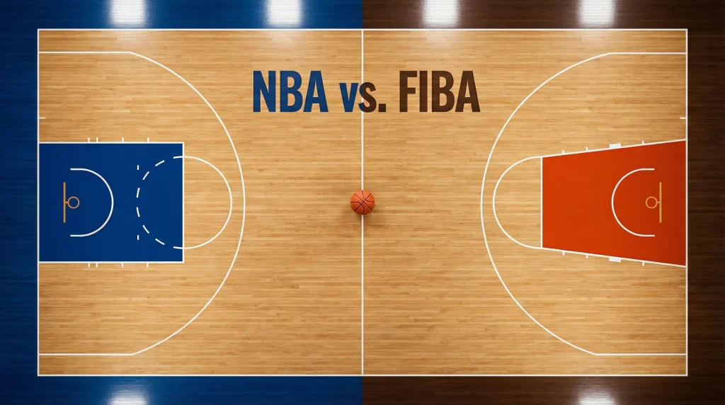NBA vs FIBA Regelunterschiede — geteiltes Basketballfeld mit NBA-Markierungen links und FIBA-Markierungen rechts