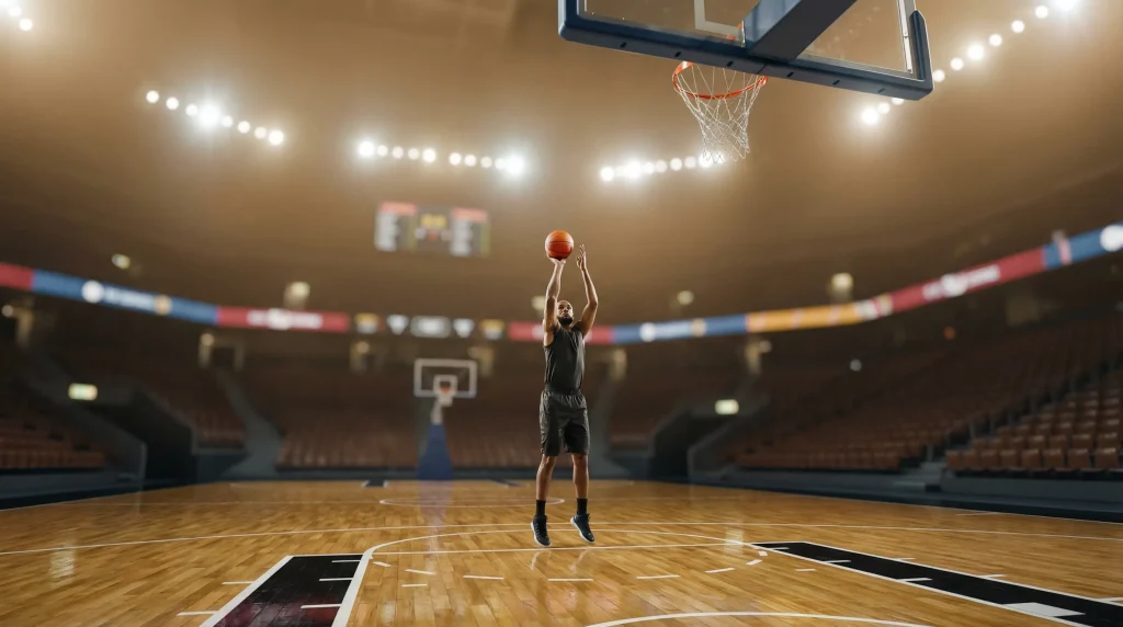NBA Wetten – Basketballspieler beim Wurf in einer beleuchteten Arena